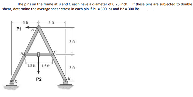 The pins on the frame at B and C each have a diameter of 0.25 inch. If these pins are subjected to double
shear, determine the average shear stress in each pin if P1 = 500 Ibs and P2 = 300 Ibs
–3 ft-
P1
3 ft
1.5 ft
1.5 ft
3 ft
P2
