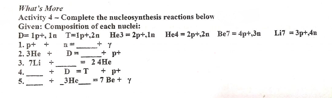 What's More
Activity 4 - Complete the nucleosynthesis reactions below
Given: Composition of each nuclei:
= 2p+,ln
He4 = 2p+,2n Be7 = 4p+,3n
Li7 = 3pt,4n
D= 1p+, ln T=lp+,2n
1. р+ +
2. ЗНе +
+ Y
+ p+
= 2 4He
+ p+
=7 Be + Y
3. 7Li
4.
D = T
5.
+ 3He
-
