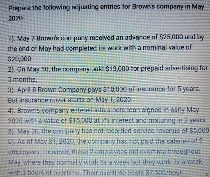 Prepare the following adjusting entries for Brown's company in May
2020:
1). May 7 Brown's company received an advance of $25,000 and by
the end of May had completed its work with a nominal value of
$20,000
2). On May 10, the company paid $13,000 for prepaid advertising for
5 months.
3). April 8 Brown Company pays $10,000 of insurance for 5 years.
But insurance cover starts on May 1, 2020.
4). Brown's company entered into a note loan signed in early May
2020 with a value of $15,000 at 7% interest and maturing in 2 years.
5). May 30, the company has not recorded service revenue of $5,000
6). As of May 31, 2020, the company has not paid the salaries of 2
employees. However, these 2 employees did overtime throughout
May, where they normally work 5x a week but they work 7x a week
with 3 hours of overtime, Their overtime costs $7,500/hour.
