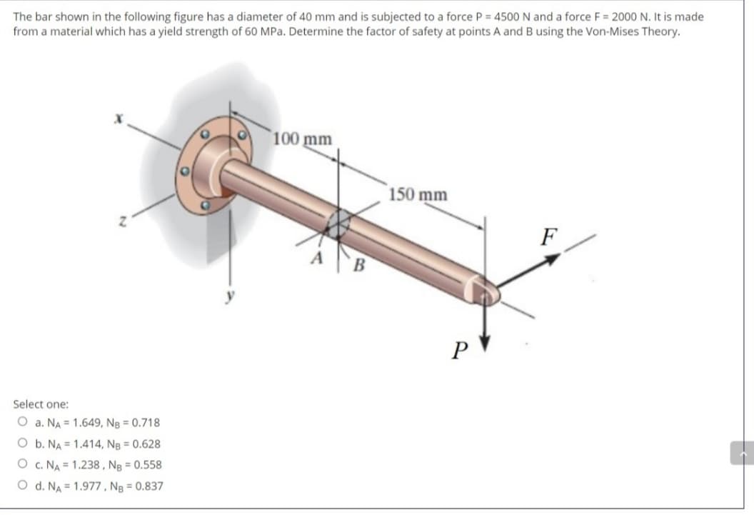 The bar shown in the following figure has a diameter of 40 mm and is subjected to a force P = 4500 N and a force F = 2000 N. It is made
from a material which has a yield strength of 60 MPa. Determine the factor of safety at points A and B using the Von-Mises Theory.
100 mm
150 mm
F
y
P
Select one:
O a. NA = 1.649, Ng = 0.718
O b. NA = 1.414, NB = 0.628
O c. NA = 1.238 , Ng = 0.558
O d. NA = 1.977 , Ng = 0.837
