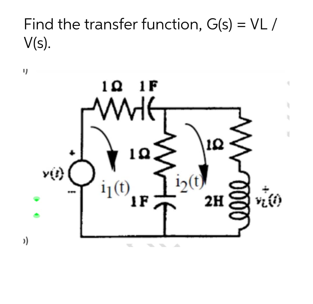 Find the transfer function, G(s) = VL /
V(s).
10 1F
WHE
1Q
10
i|(t)
i>(t)
IF
2H
