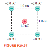 -2.0 nC
-2.0 nC
1.0 cm
1.0 cm
1.0 nC
-2.0 nC
-2.0 nC
FIGURE P20.57
