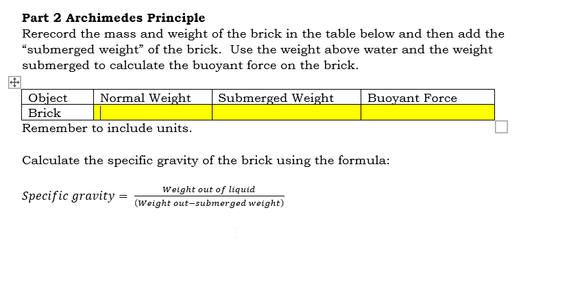 Part 2 Archimedes Principle
Rerecord the mass and weight of the brick in the table below and then add the
"submerged weight" of the brick. Use the weight above water and the weight
submerged to calculate the buoyant force on the brick.
Object Normal Weight Submerged Weight
Brick
Remember to include units.
Buoyant Force
Calculate the specific gravity of the brick using the formula:
Specific gravity =
Weight out of liquid
(Weight out-submerged weight)