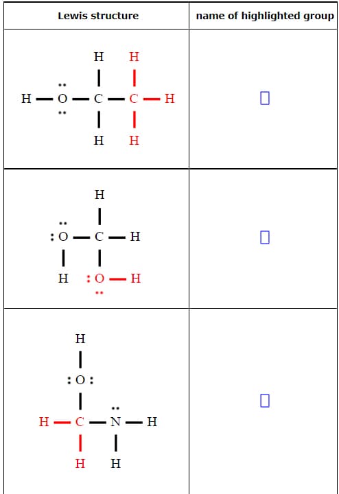 Lewis structure
name of highlighted group
H
H
н — о-
C
С — Н
н н
H
: 0— С — н
H
:0 — Н
H
:0:
Н — С —N — H
|
н н
:Z - H
-
-
:0 :
