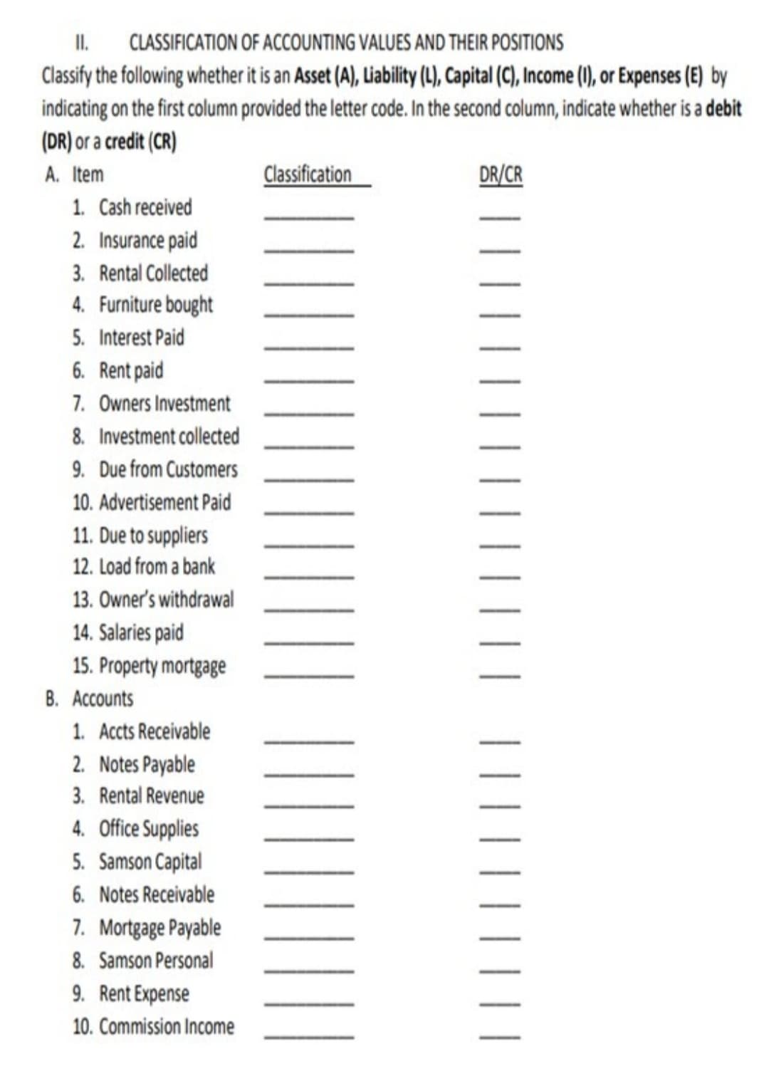 II.
Classify the following whether it is an Asset (A), Liability (4), Capital (C), Income (), or Expenses (E) by
indicating on the first column provided the letter code. In the second column, indicate whether is a debit
(DR) or a credit (CR)
CLASSIFICATION OF ACCOUNTING VALUES AND THEIR POSITIONS
A. Item
Classification
DR/CR
1. Cash received
2. Insurance paid
3. Rental Collected
4. Furniture bought
5. Interest Paid
6. Rent paid
7. Owners Investment
8. Investment collected
9. Due from Customers
10. Advertisement Paid
11. Due to suppliers
12. Load from a bank
13. Owner's withdrawal
14. Salaries paid
15. Property mortgage
B. Accounts
1. Accts Receivable
2. Notes Payable
3. Rental Revenue
4. Office Supplies
5. Samson Capital
6. Notes Receivable
7. Mortgage Payable
8. Samson Personal
9. Rent Expense
10. Commission Income
| |
