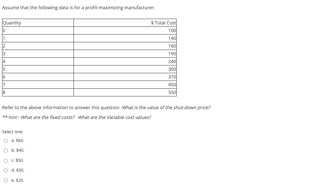 Assume that the following data is for a profit-maximizing manufacturer:
Quantity
$ Total Cost
100
1
140
2
160
3
190
14
240
15
300
6
370
17
450
8
550
Refer to the above information to answer this question. What is the value of the shut-down price?
** hint - What are the fixed costs? What are the Variable cost values?
Select one:
O a. $60.
O b. $40.
O c. $50.
O d. $30.
O e. $20.
