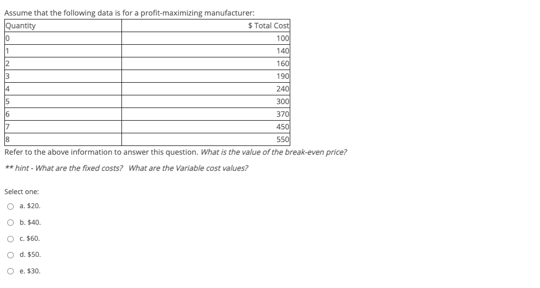 Assume that the following data is for a profit-maximizing manufacturer:
Quantity
$ Total Cost
100
140
2
160
3
190
4
240
5
300
6
370
7
450
8
550
Refer to the above information to answer this question. What is the value of the break-even price?
** hint - What are the fixed costs? What are the Variable cost values?
Select one:
O a. $20.
O b. $40.
O C. $60.
O d. $50.
O e. $30.
