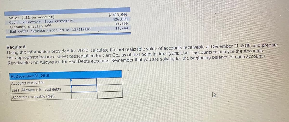 $ 413,000
426,000
15,500
12,900
Sales (all on account)
Cash collections from customers
Accounts written off
Bad debts expense (accrued at 12/31/20)
Required:
Using the information provided for 2020, calculate the net realizable value of accounts receivable at December 31, 2019, and prepare
the appropriate balance sheet presentation for Carr Co., as of that point in time. (Hint. Use T-accounts to analyze the Accounts
Receivable and Allowance for Bad Debts accounts. Remember that you are solving for the beginning balance of each account.)
At December 31, 2019
Accounts receivable
Less: Allowance for bad debts
Accounts receivable (Net)
