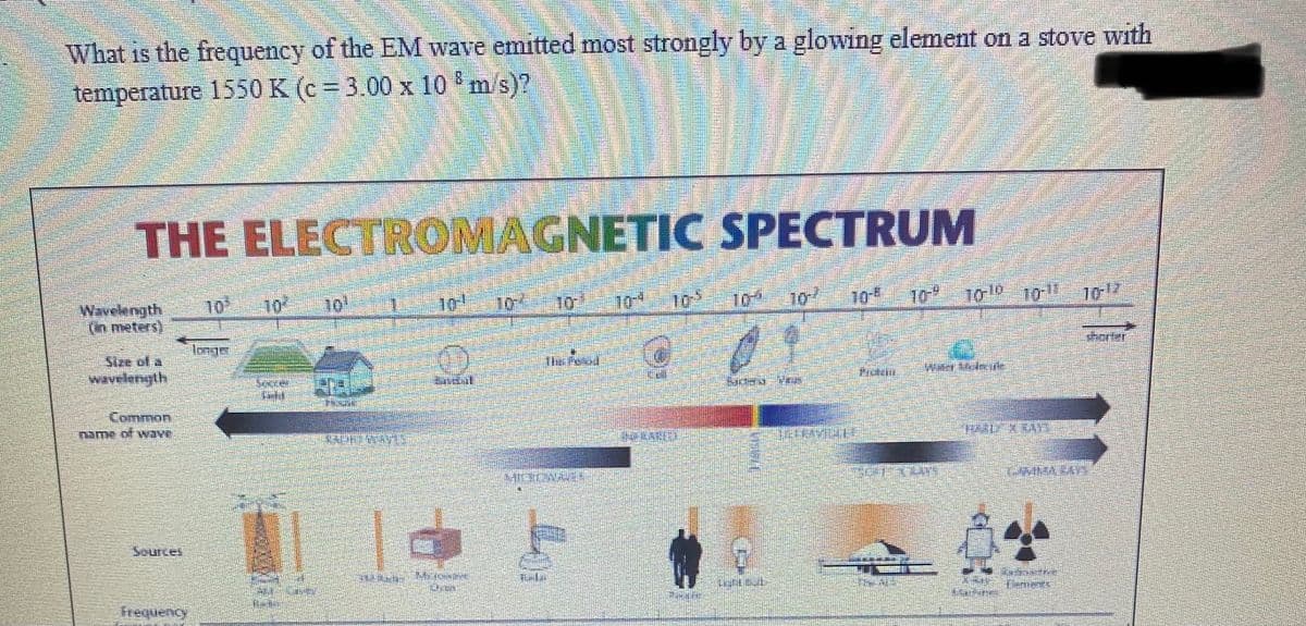 What is the frequency of the EM wave emitted most strongly by a glowing element on a stove with
temperature 1550 K (c = 3.00 x 10'm s)?
THE ELECTROMAGNETIC SPECTRUM
10
10
10 10 1o
10 10 10 1
10
10
10
Wavelength
(in meters)
horter
Imge
Sire of a
wavelength
endal
Common
Sources
frequency
