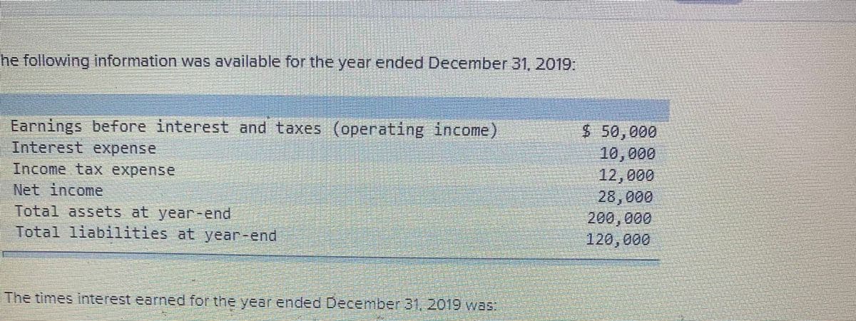 he following information was available for the year ended December 31, 2019:
Earnings before interest and taxes (operating income)
Interest expense
Income tax expense
2450,000
10,000
12,000
28,000
Net income
Total assets at year-end
Total liabilities at year-end
120,000
The times interest earned for the year ended December 31, 2019 was:
