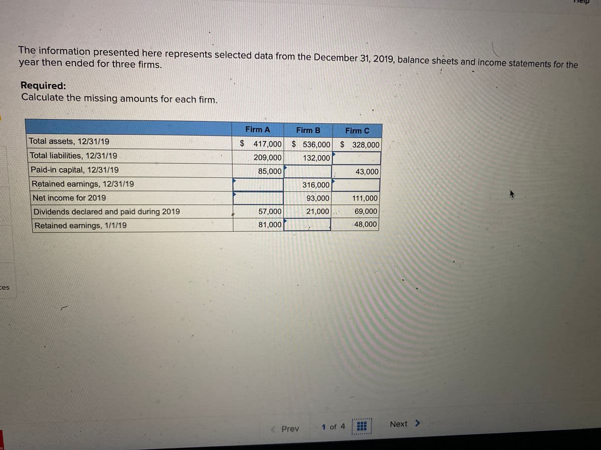 The information presented here represents selected data from the December 31, 2019, balance sheets and income statements for the
year then ended for three firms.
Required:
Calculate the missing amounts for each firm.
Firm A
Firm B
Firm C
Total assets, 12/31/19
$ 417,000 $ 536,000 $ 328,000
Total liabilities, 12/31/19
209,000
132,000
Paid-in capital, 12/31/19
85,000
43,000
Retained earnings, 12/31/19
316,000
Net income for 2019
93,000
111,000
Dividends declared and paid during 2019
57,000
21,000
69,000
Retained earnings, 1/1/19
81,000
48,000
ces
1 of 4
Next >
Prev
in
