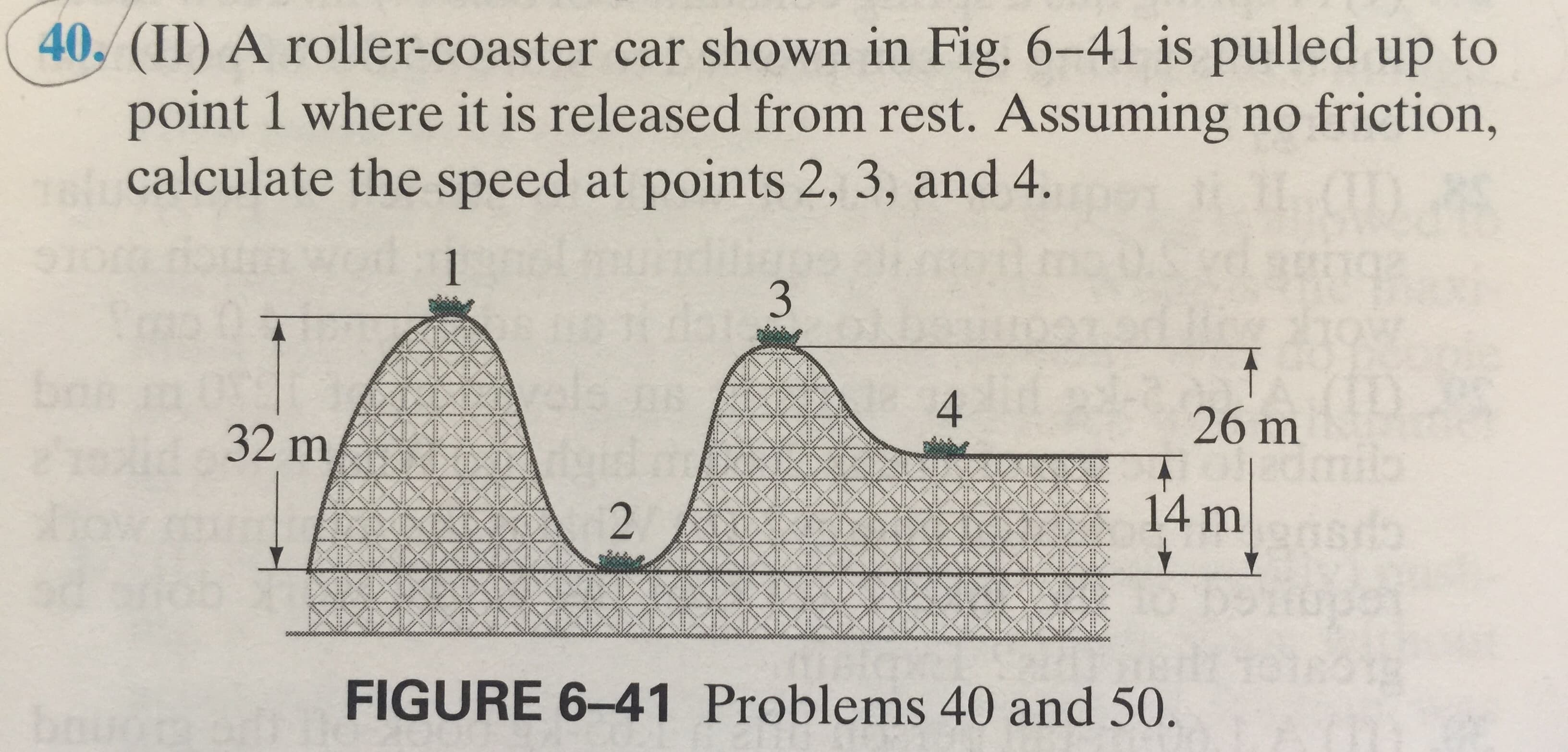 40,(II) A roller-coaster car shown in Fig. 6-41 is pulled up to
point 1 where it is released from rest. Assuming no friction,
calculate the speed at points 2, 3, and 4.
3
bo
4
26 m
32 m
14 m
4
2
FIGURE 6-41 Problems 40 and 50.
