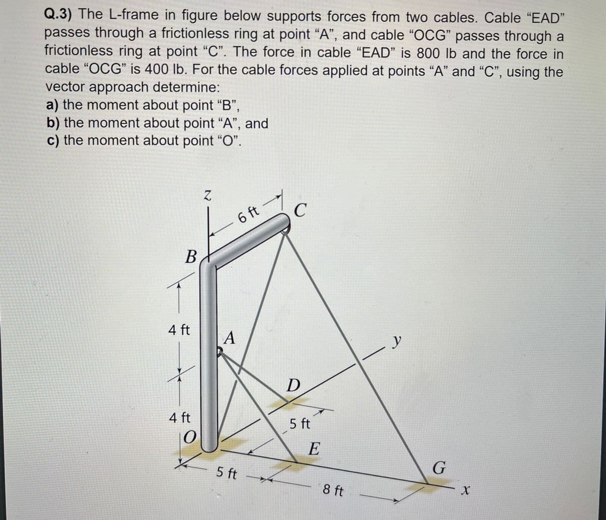 Q.3) The L-frame in figure below supports forces from two cables. Cable "EAD"
passes through a frictionless ring at point "A", and cable "OCG" passes through a
frictionless ring at point "C". The force in cable "EAD" is 800 lb and the force in
cable "OCG" is 400 lb. For the cable forces applied at points "A" and "C", using the
vector approach determine:
a) the moment about point "B",
b) the moment about point "A", and
c) the moment about point "O".
Z
6 ft
B
T
4 ft
4 ft
O
A
5 ft
C
D
5 ft
E
8 ft
y
G
X