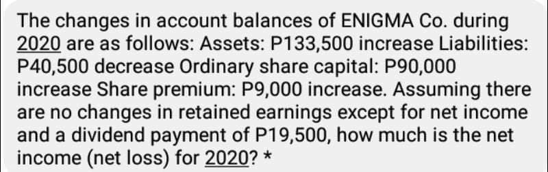 The changes in account balances of ENIGMA Co. during
2020 are as follows: Assets: P133,500 increase Liabilities:
P40,500 decrease Ordinary share capital: P90,000
increase Share premium: P9,000 increase. Assuming there
are no changes in retained earnings except for net income
and a dividend payment of P19,500, how much is the net
income (net loss) for 2020? *
