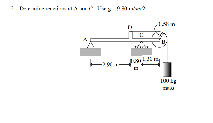 2. Determine reactions at A and C. Use g = 9.80 m/sec2.
-0.58 m
D
A
°B
|0.80|
|1.30 m
-2.90 m-
m
100 kg
mass
