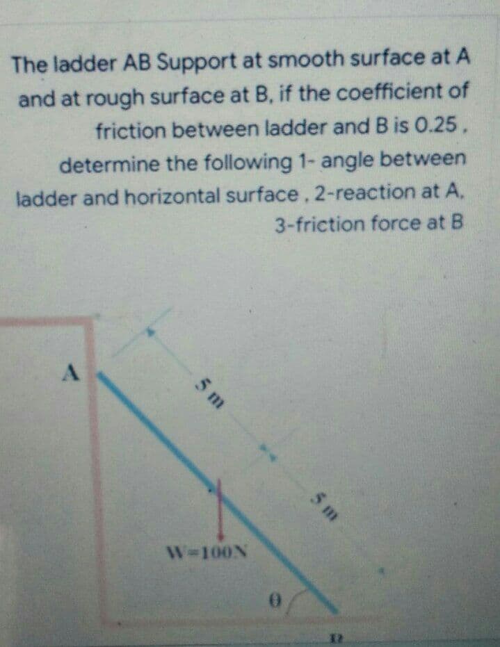 The ladder AB Support at smooth surface at A
and at rough surface at B, if the coefficient of
friction between ladder and B is 0.25,
determine the following 1- angle between
ladder and horizontal surface. 2-reaction at A.
3-friction force at B
W=100N
5 m
5 m

