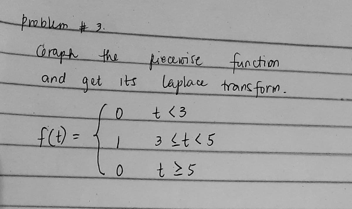 problem #3.
Craph the
and
get its
f(t) =
0
0
piecewise function
Laplace transform.
t <3
3 < t < 5
t 25
