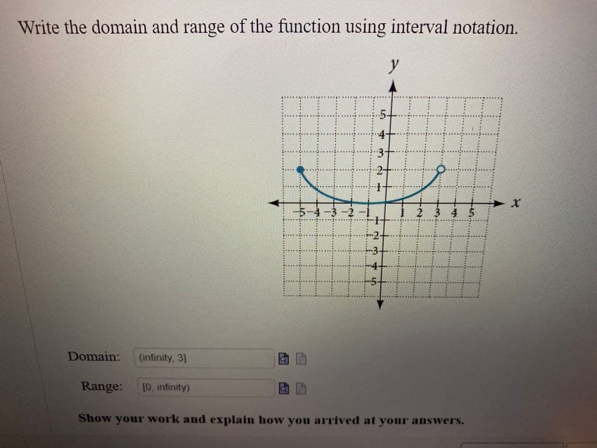 Write the domain and range of the function using interval notation.
y
5-
4+
2-
5-4-3-2
12 3 4 5
-2
-3
****
-4-
-5-
Domain:
(infinity, 3]
Range:
[0, infinity)
Show your work and explain how you arrived at your answers.
無
