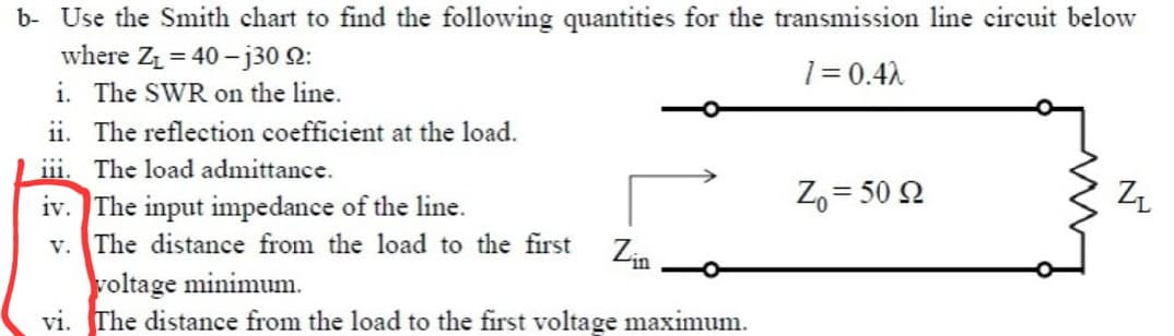 b- Use the Smith chart to find the following quantities for the transmission line circuit below
where Z₁ = 40-j30 9:
1 = 0.4)
i. The SWR on the line.
ii. The reflection coefficient at the load.
111. The load admittance.
iv. The input impedance of the line.
v. The distance from the load to the first
Zin
voltage minimum.
vi. The distance from the load to the first voltage maximum.
Zo = 50 92
ZL