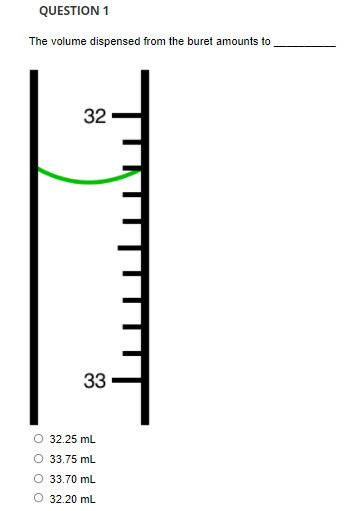 QUESTION 1
The volume dispensed from the buret amounts to
32
33
O 32.25 mL
O 33.75 mL
O 33.70 mL.
O 32.20 mL
