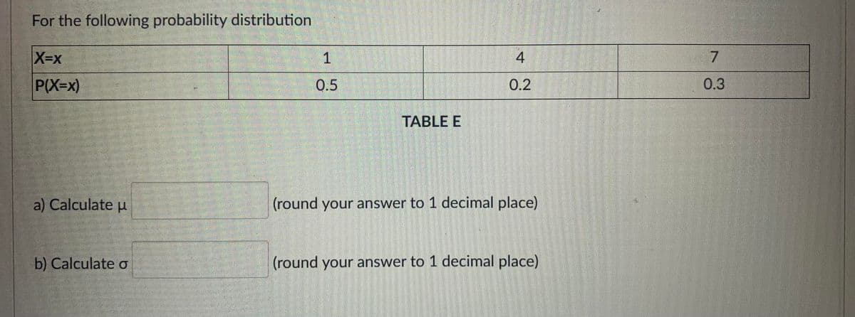 For the following probability distribution
X-x
1
4
7
P(X=x)
0.5
0.2
0.3
TABLE E
a) Calculate u
(round your answer to 1 decimal place)
b) Calculate o
(round your answer to 1 decimal place)
