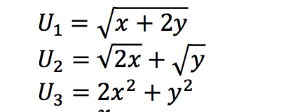 U1 = /x + 2y
U2 = V2x + Vy
+ y?
U3 = 2x2
