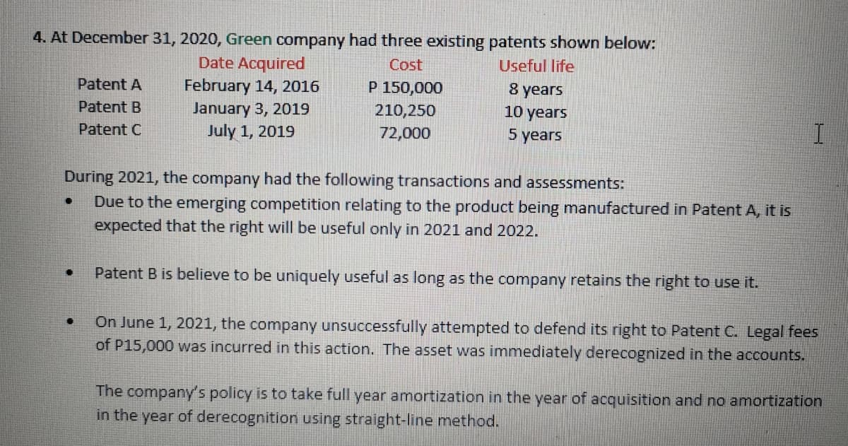 4. At December 31, 2020, Green company had three existing patents shown below:
Cost
Useful life
Date Acquired
February 14, 2016
January 3, 2019
July 1, 2019
P 150,000
8 years
10 years
5 years
Patent A
Patent B
210,250
Patent C
72,000
During 2021, the company had the following transactions and assessments:
Due to the emnerging competition relating to the product being manufactured in Patent A, it is
expected that the right will be useful only in 2021 and 2022.
Patent B is believe to be uniquely useful as long as the company retains the right to use it.
On June 1, 2021, the company unsuccessfully attempted to defend its right to Patent C. Legal fees
of P15,000 was incurred in this action. The asset was immediately derecognized in the accounts.
The company's policy is to take full year amortization in the year of acquisition and no amortization
in the year of derecognition using straight-line method.
