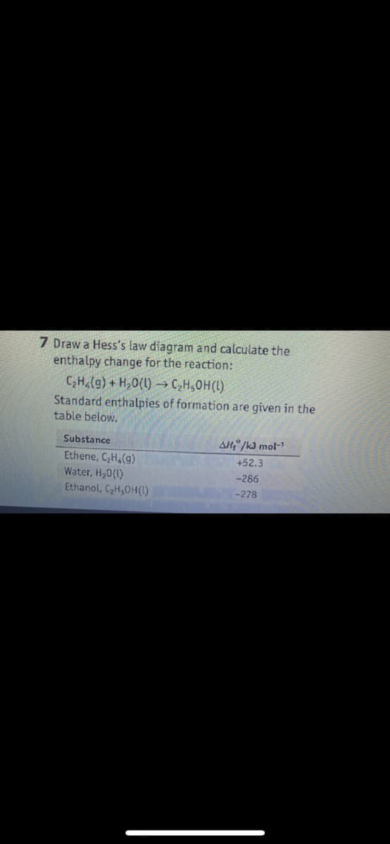 7 Draw a Hess's law diagram and calculate the
enthalpy change for the reaction:
C₂H4(g) + H₂O(l)→ C₂H₂OH(L)
Standard enthalpies of formation are given in the
table below.
Substance
Ethene, C₂H4(9)
Water, H₂0 (1)
Ethanol, C₂H₂OH(1)
AH/kJ mol-¹
+52.3
-286
-278