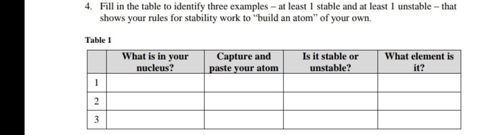 4. Fill in the table to identify three examples – at least 1 stable and at least 1 unstable – that
shows your rules for stability work to “build an atom" of your own.
Table 1
What is in your
Capture and
paste your atom
Is it stable or
What element is
nucleus?
unstable?
it?
1
