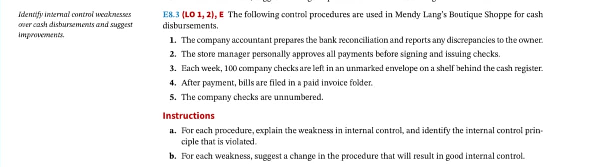 Identify internal control weaknesses
over cash disbursements and suggest
improvements.
E8.3 (LO 1, 2), E The following control procedures are used in Mendy Lang's Boutique Shoppe for cash
disbursements.
1. The company accountant prepares the bank reconciliation and reports any discrepancies to the owner.
2. The store manager personally approves all payments before signing and issuing checks.
3. Each week, 100 company checks are left in an unmarked envelope on a shelf behind the cash register.
4. After payment, bills are filed in a paid invoice folder.
5. The company checks are unnumbered.
Instructions
a. For each procedure, explain the weakness in internal control, and identify the internal control prin-
ciple that is violated.
b. For each weakness, suggest a change in the procedure that will result in good internal control.