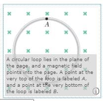 A circular loop lies in the plane of
the page, and a magnetic field
points into the page. A point at the
very top of the loop is labeled A,
and a point at the very bottom of
the loop is labeled B.
