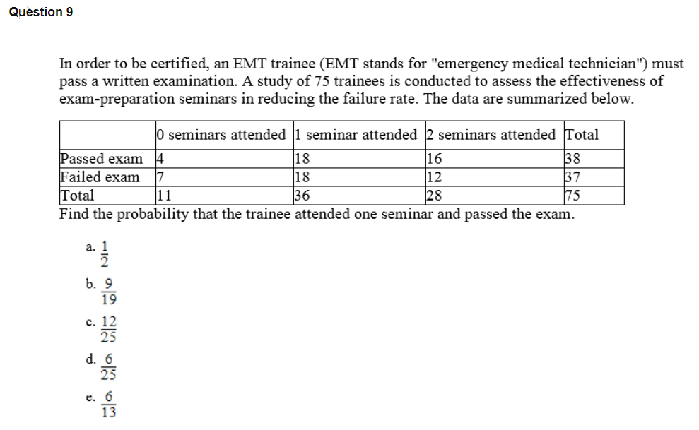 In order to be certified, an EMT trainee (EMT stands for "emergency medical technician") must
pass a written examination. A study of 75 trainees is conducted to assess the effectiveness of
exam-preparation seminars in reducing the failure rate. The data are summarized below.
O seminars attended 1 seminar attended 2 seminars attended Total
Passed exam 4
18
18
36
Find the probability that the trainee attended one seminar and passed the exam.
16
12
28
38
37
75
Failed exam
7
Total
11
a. 1
b. 9
19
с. 12
25
d. 6
25
