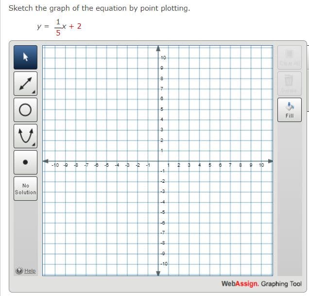 Sketch the graph of the equation by point plotting.
y-3x+2
y = x + 2
5
O
No
Solution
Help
-10 -9 -8
-7
-6
-5
-4
-3
-2 -1
10
0
8
7
CO
5
4
3
2
4
fa
2 3 4 5
-3
-4
-5
-6
-7
-8
-9
-10
1 2
(9)
4 5 6 7
8 9 10
S
Fill
WebAssign. Graphing Tool