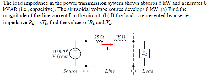 The load impedance in the power transmission system shown absorbs 6 kW and generates 8
KVAR (i.e., capacitive). The sinusoidal voltage source develops 8 kW. (a) Find the
magnitude of the line current I in the circuit. (b) If the load is represented by a series
impedance R. – jX1, find the values of R1 and X1.
25 N
jXΩ
1000/0°(+
V (rms)
Source
Line
Load
