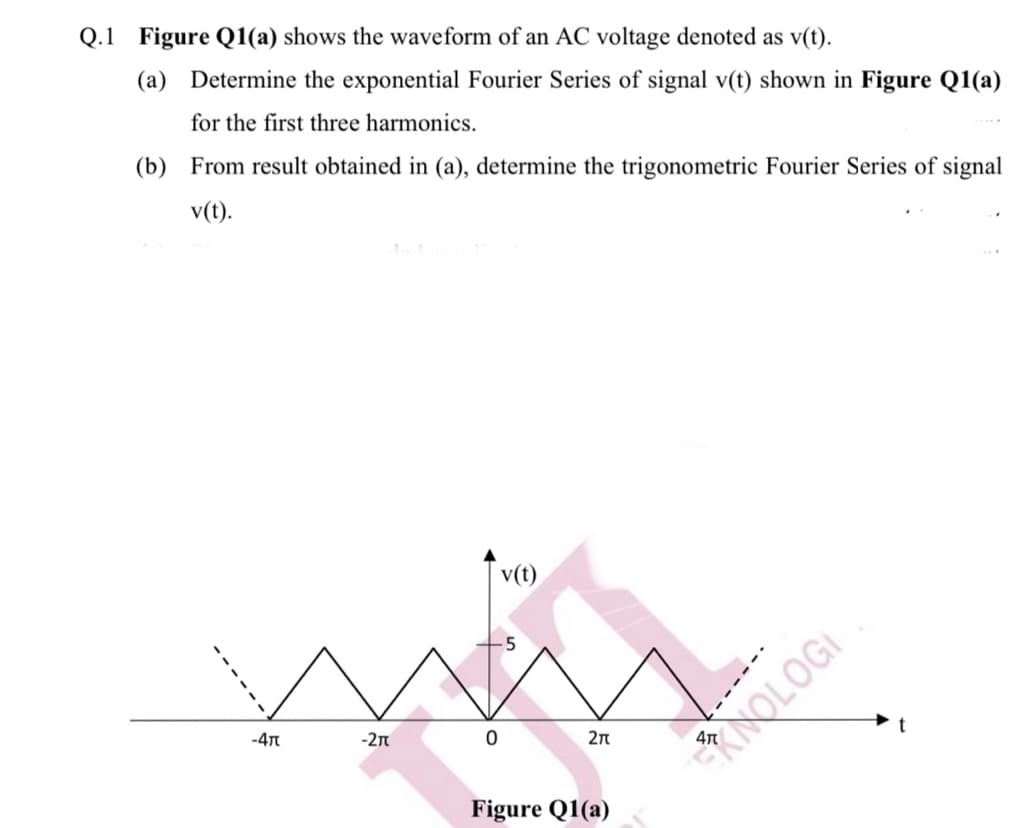 Q.1 Figure Q1(a) shows the waveform of an AC voltage denoted as v(t).
(a) Determine the exponential Fourier Series of signal v(t) shown in Figure Q1(a)
for the first three harmonics.
(b) From result obtained in (a), determine the trigonometric Fourier Series of signal
v(t).
v(t)
-4M
-2n
2n
KNOLOGI
Figure Q1(a)
------
