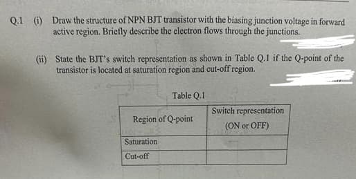 Q.1 (i) Draw the structure of NPN BJT transistor with the biasing junction voltage in forward
active region. Briefly describe the electron flows through the junctions.
(ii) State the BJT's switch representation as shown in Table Q.1 if the Q-point of the
transistor is located at saturation region and cut-off region.
Table Q.1
Region of Q-point
Saturation
Cut-off
Switch representation
(ON or OFF)