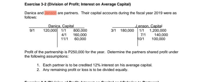 Exercise 3-2 (Division of Profit; Interest on Average Capital)
Danica and Jenson are partners. Their capital accounts during the fiscal year 2019 were as
follows:
Danica, Capital
120,000 1/1
Jenson, Capital
3/1 180,000 1/n 1,200,000
140,000
100,000
9/1
800,000
160,000
60,000
4/1
7/1
11/1
10/1
Profit of the partnership is P250,000 for the year. Determine the partners shared profit under
the following assumptions:
1. Each partner is to be credited 12% interest on his average capital.
2. Any remaining profit or loss is to be divided equally.
