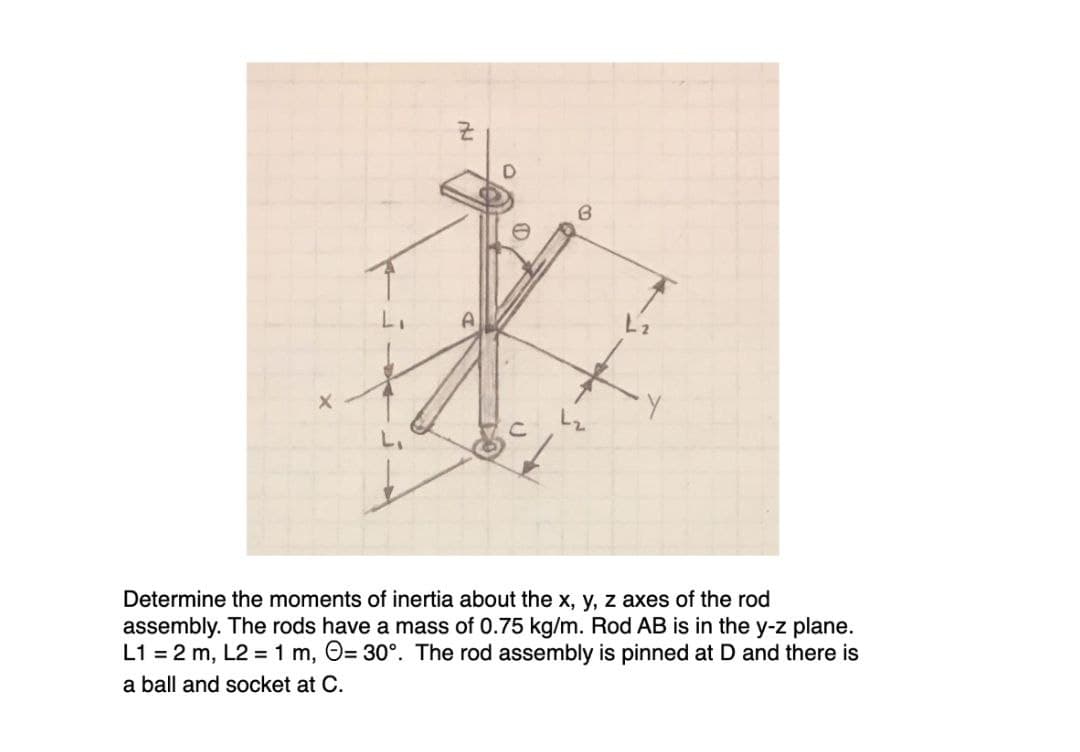 Determine the moments of inertia about the x, y, z axes of the rod
assembly. The rods have a mass of 0.75 kg/m. Rod AB is in the y-z plane.
L1 = 2 m, L2 = 1 m, O= 30°. The rod assembly is pinned at D and there is
a ball and socket at C.
