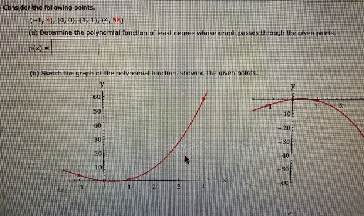 Consider the following points.
(-1, 4), (0, 0), (1, 1), (4, 58)
(a) Determine the polynomial function of least degree whose graph passes through the given points.
P(x) =
(b) Sketch the graph of the polynomlal function, showing the given points.
y
y
60
50
-10
40
-20
30
-30
20
-40
10
-50
-60
-1
1.
2,
3
4
