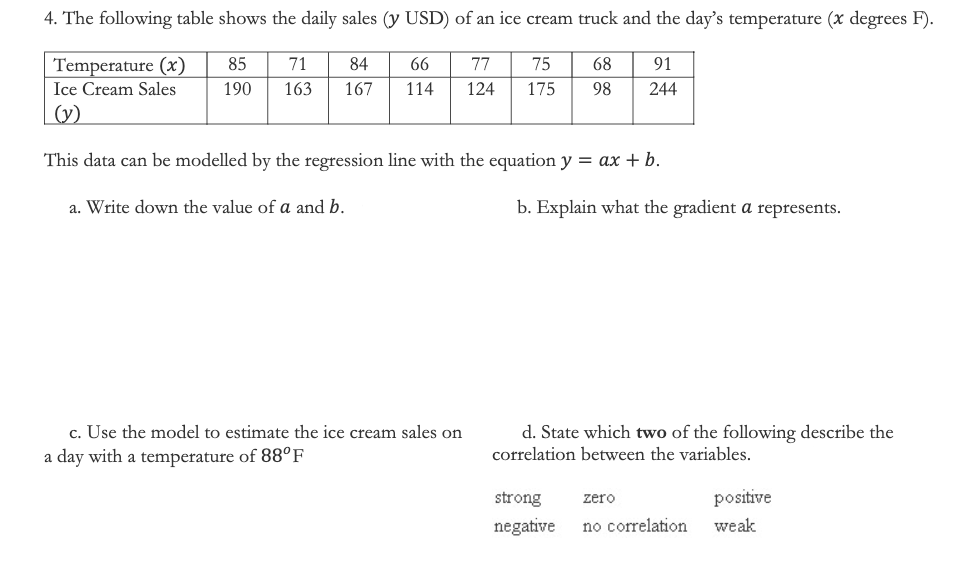 4. The following table shows the daily sales (y USD) of an ice cream truck and the day's temperature (x degrees F).
Temperature (x)
Ice Cream Sales
(y)
85
71
84
66
77
75
68
91
190
163
167
114
124
175
98
244
This data can be modelled by the regression line with the equation y = ax + b.
a. Write down the value of a and b.
b. Explain what the gradient a represents.
c. Use the model to estimate the ice cream sales on
a day with a temperature of 88°F
d. State which two of the following describe the
correlation between the variables.
strong
positive
zero
negative
no correlation
weak
