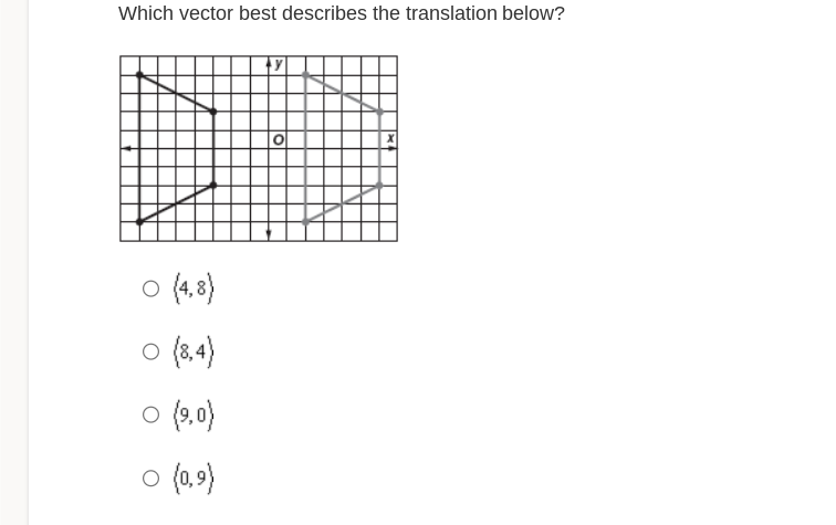 Which vector best describes the translation below?
O
(8,4)
O (9,0)
(0,9)
y
O