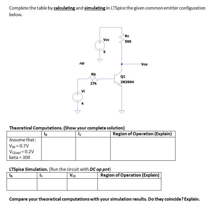 Complete the table by calculating and simulating in LTSpice the given common emitter configuration
below.
Rc
Vc
500
.op
Vce
Rb
Q1
2N3904
27k
Vi
Theoretical Computations. (Show your complete solution)
Ic
Region of Operation (Explain)
Assume that:
VBE = 0.7V
VCElsazt) = 0.2V
beta = 300
LTSpice Simulation. (Run the circuit with DC op pnt)
VCE
Ic
Region of Operation (Explain)
Compare your theoretical computations with your simulation results. Do they coincide? Explain.
