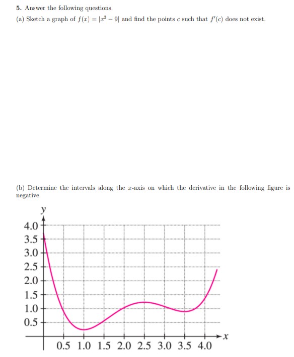 5. Answer the following questions.
(a) Sketch a graph of f(x) = x² - 9 and find the points c such that f'(c) does not exist.
(b) Determine the intervals along the x-axis on which the derivative in the following figure is
negative.
y
4.0
3.5
3.0
2.5
2.0
1.5
1.0
0.5
-X
0.5 1.0 1.5 2.0 2.5 3.0 3.5 4.0