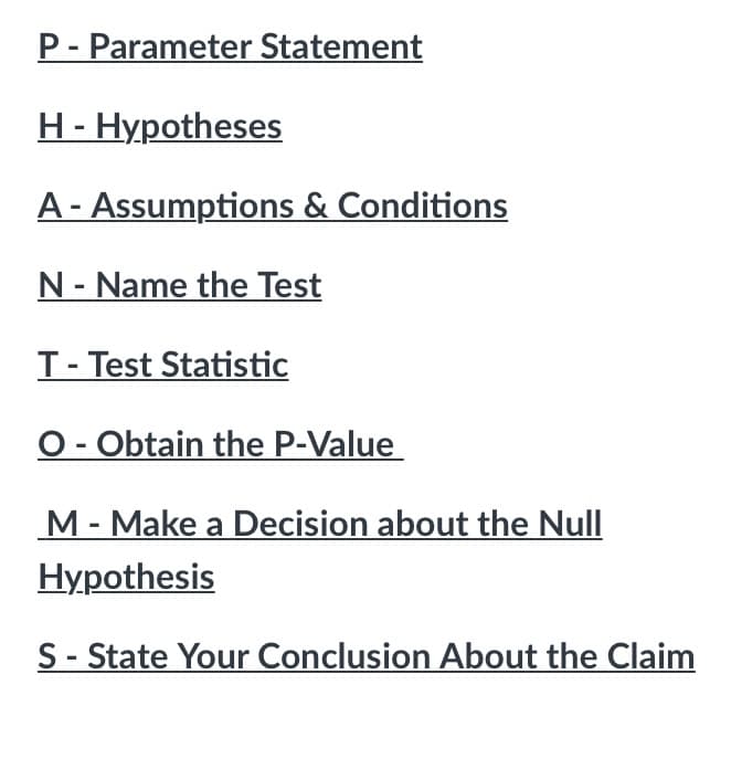 P- Parameter Statement
H- Hypotheses
A- Assumptions & Conditions
N- Name the Test
T- Test Statistic
O- Obtain the P-Value
M - Make a Decision about the Null
Hypothesis
S- State Your Conclusion About the Claim
