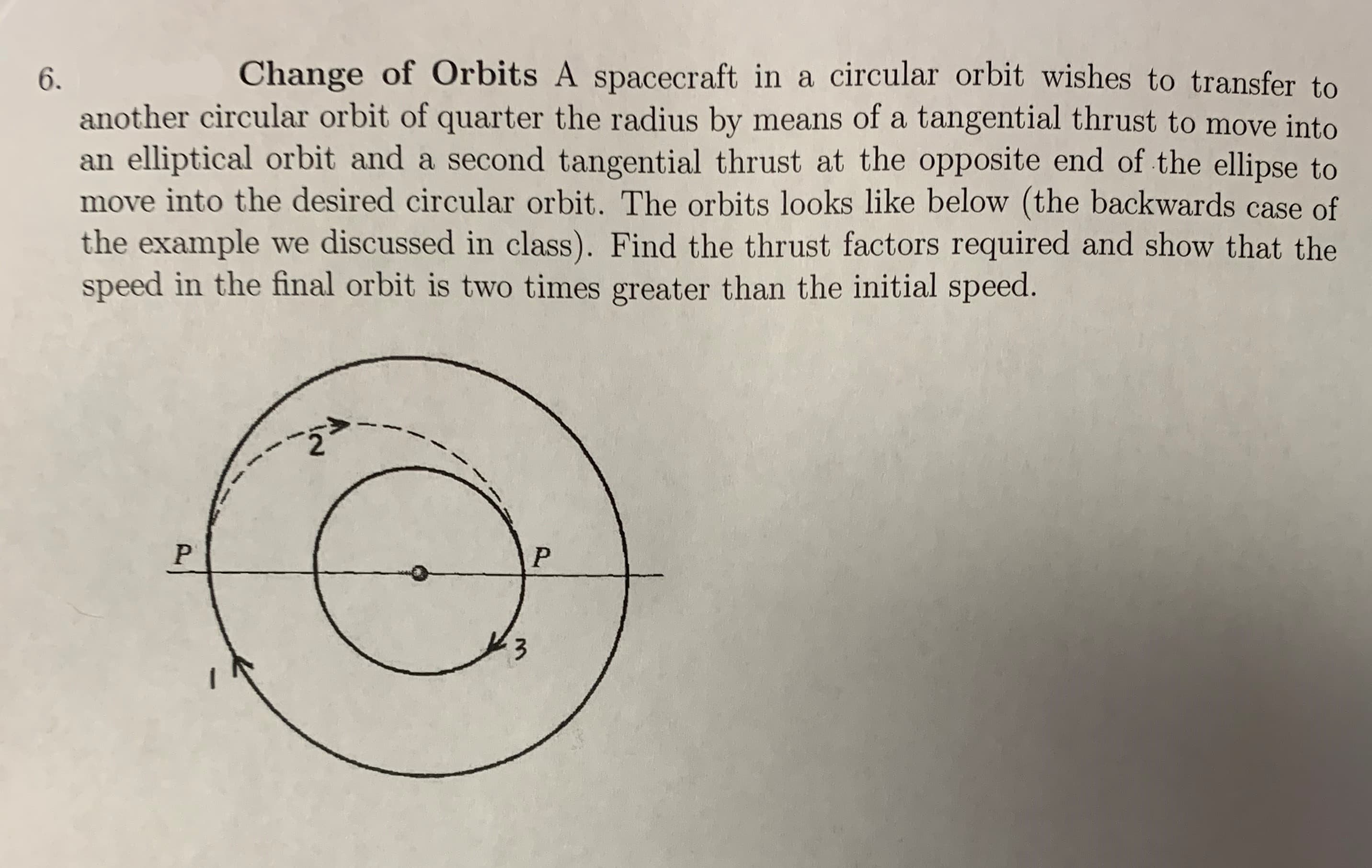 Change of Orbits A spacecraft in a circular orbit wishes to transfer to
6
another circular orbit of quarter the radius by means of a tangential thrust to move into
an elliptical orbit and a second tangential thrust at the opposite end of the ellipse to
move into the desired circular orbit. The orbits looks like below (the backwards case of
the example we discussed in class). Find the thrust factors required and show that the
speed in the final orbit is two times greater than the initial speed.
P
PP
