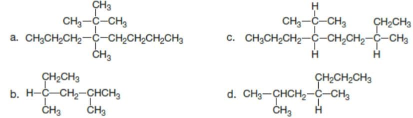 ÇH3
CH3-C-CH3
a. CH;CH2CH2--CH2CH2CH2CH3
CH3-C-CH3
c. CH3CH2CH2-C-CH,CH2-C-CH3
ÇH2CH3
ČH3
CH2CH3
b. H-C-CH2-CHCH3
ČH3
ÇH2CH2CH3
d. CH3-CHCH2-Ċ-CH3
ČH3
