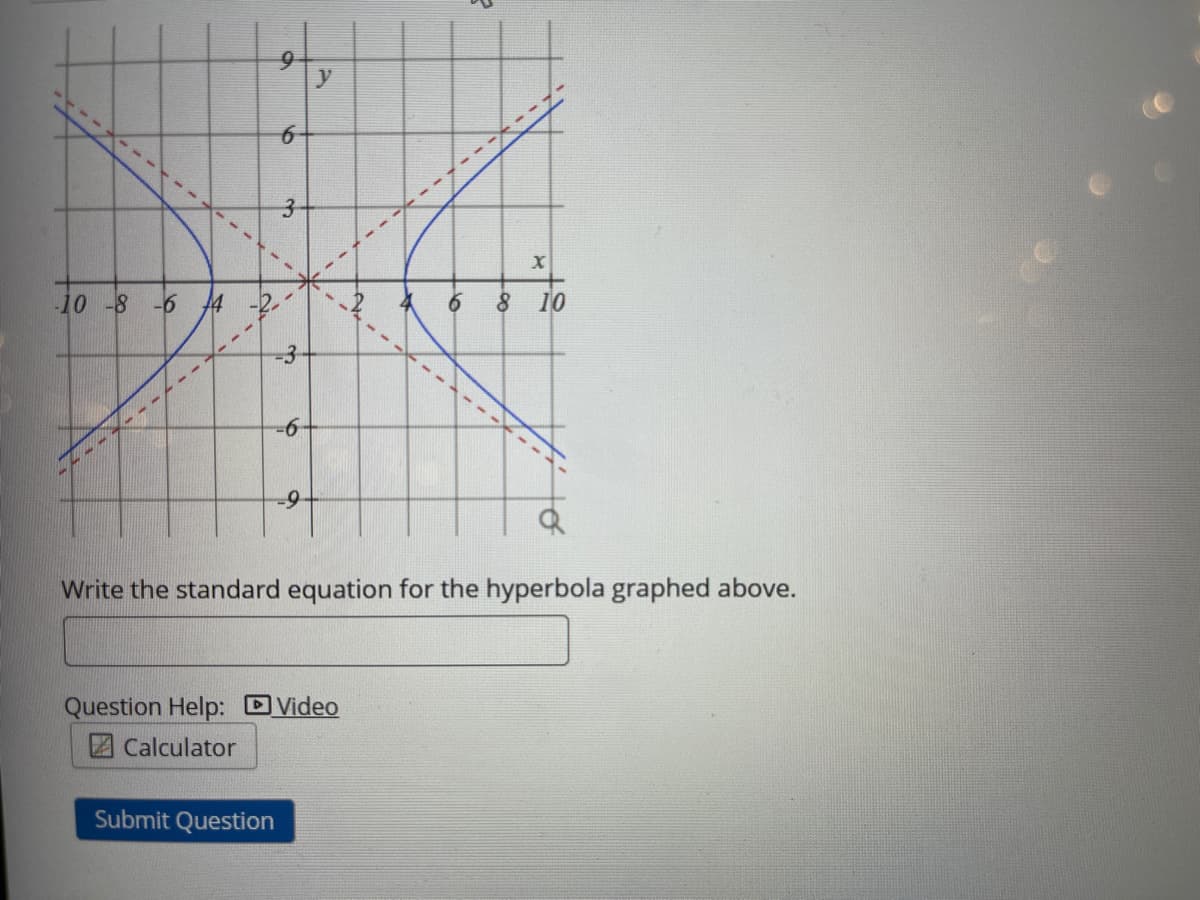 3-
--7---
-10 -8
-6
8 10
-3
9-
6-
Write the standard equation for the hyperbola graphed above.
Question Help: DVideo
2 Calculator
Submit Question
61

