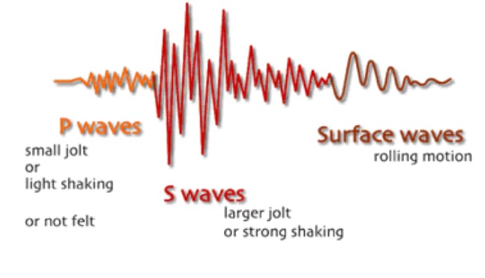 P waves
Surface waves
small jolt
rolling motion
or
light shaking
S waves
larger jolt
or strong shaking
or not felt
