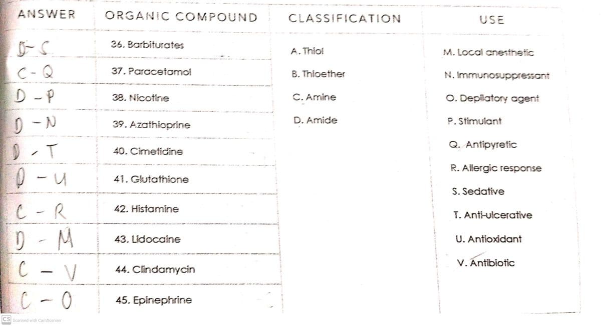 ANSWER
ORGANIC COMPOUND
CLASSIFICATION
USE
36. Barbiturates
A. Thio!
M. Local anesthetic
C-Q
37. Paracetamol
B. Thioether
N. Immunosuppressont
D -P
C. Amine
O. Depilatory agent
38. Nicotine
39. Azathioprine
D. Amide
P. Stimulant
Q. Antipyretic
40. Cimetidine
R. Allergic response
0 -
41. Glutathione
S. Sedative
C -R
42. Histamine
T. Anti-ulcerative
リ-M
C -V
C - 0
43. Lidocaine
U. Antioxidant
V. Ántibiotic
44. Clindamycin
45. Epinephrine
CS Scanned with CamScanner
