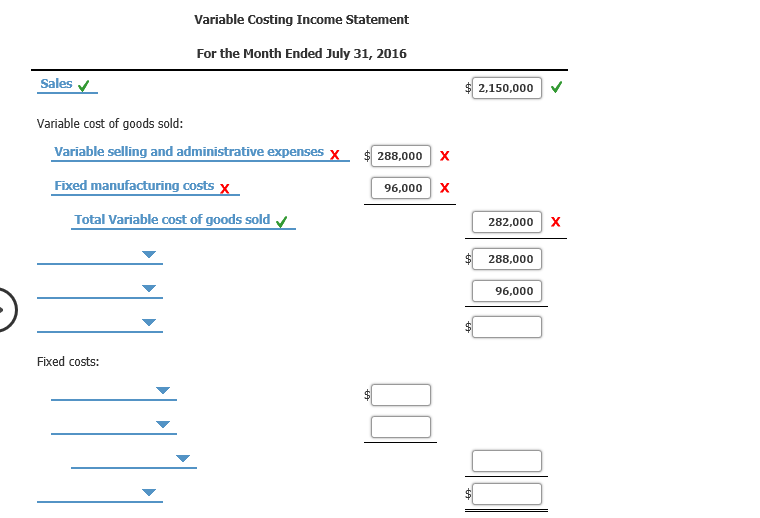 Variable Costing Income Statement
For the Month Ended July 31, 2016
Sales v
2,150,000
Variable cost of goods sold:
Variable selling and administrative expenses x
288,000 x
Fixed manufacturing costs x
96,000 x
Total Variable cost of goods sold v
282,000 x
288,000
96,000
Fixed costs:
